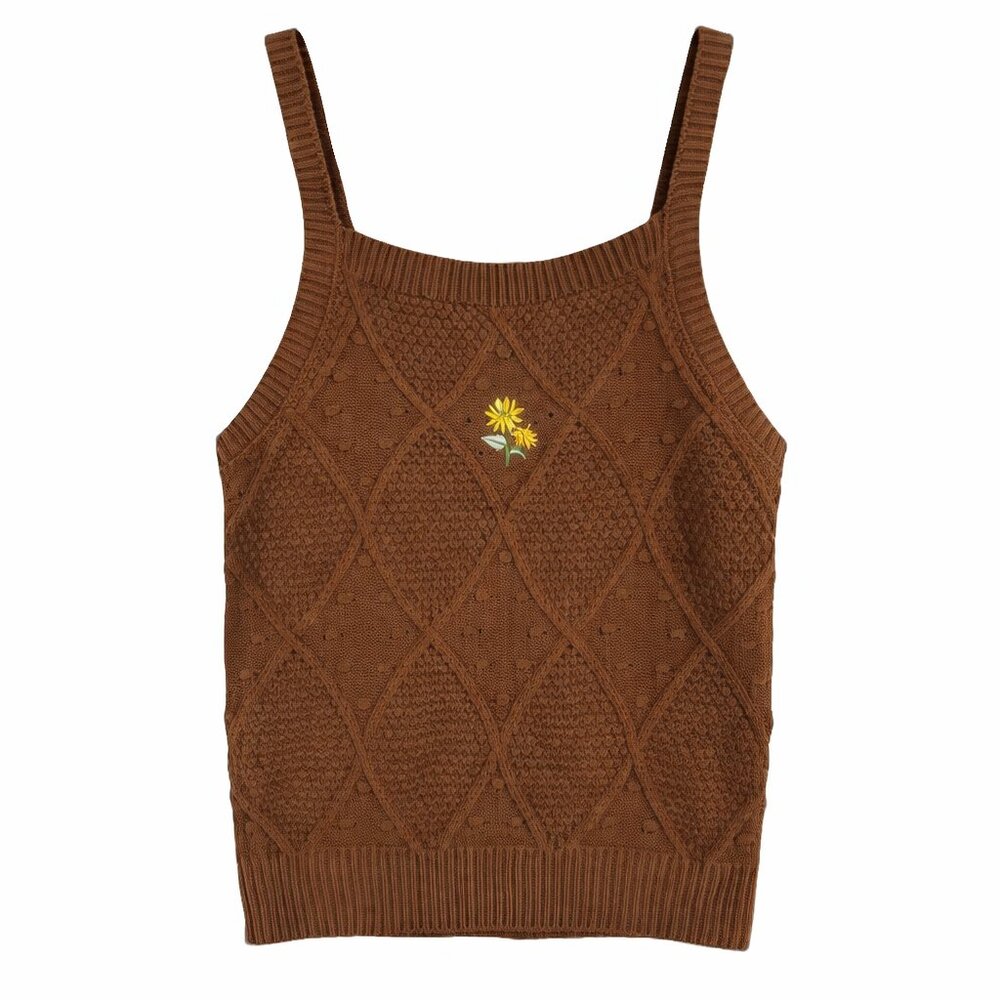 Brown Knit Sweater Tank Top Large Embroidered Daisy Cottagecore Y2K Ally Mae